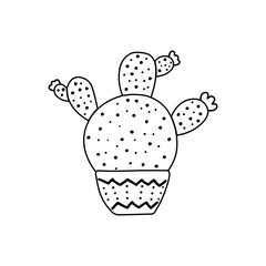 Hand-drawn outline vector cactus isolated on white background. Doodle style illustration of spiny plant, blooming cactus, succulent plant in ceramic pot. Home plant, mexico cactus flower.