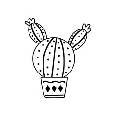 Hand-drawn outline vector cactus isolated on white background. Doodle style illustration of spiny plant, blooming cactus, succulent plant in ceramic pot. Home plant, mexico cactus flower.