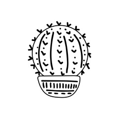 Hand-drawn outline vector cactus isolated on white background. Doodle style illustration of spiny plant, blooming cactus, succulent plant in ceramic pot. Home plant, mexico cactus flower.