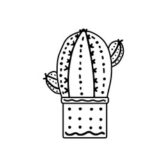 Hand-drawn outline vector cactus isolated on white background. Doodle style illustration of spiny plant, blooming cactus, succulent plant in ceramic pot. Home plant, mexico cactus flower.