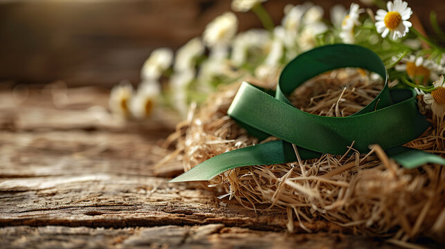 green ribbon logo for Celiac disease awareness month. ribbon sign on jute background, banner, card, poster, template. Vector illustration. - Powered by Adobe