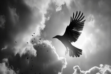 Pájaro volando a contraluz sobre el cielo en blanco y negro. - obrazy, fototapety, plakaty