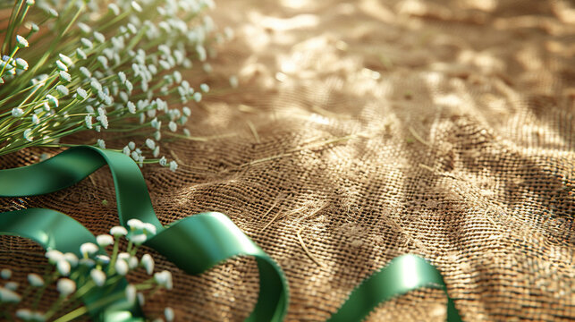 green ribbon logo for Celiac disease awareness month. ribbon sign on jute background, banner, card, poster, template. Vector illustration. - Powered by Adobe