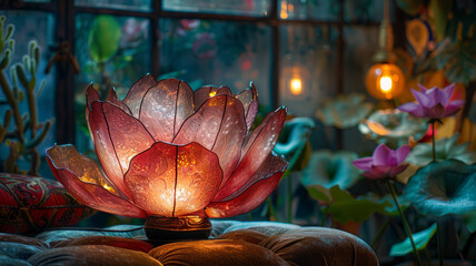 Lotus-shaped lamp in a cozy interior setting