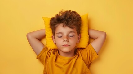 a young man sleeping on pillow isolated on pastel pink colored background. boy sleep deeply...