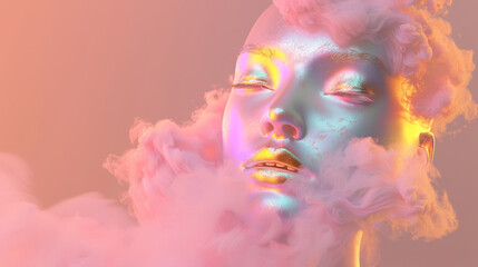 Portrait of an elegant African goddess made out of pink and orange clouds, made entirely from bright pastel metallics with soft light reflections, in the style of cinematic photography. - obrazy, fototapety, plakaty