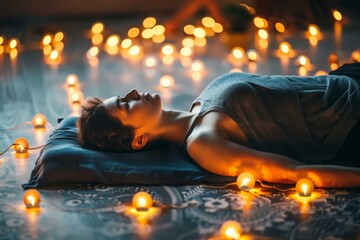 person lying in savasana with ambient lights