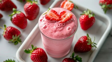 Top-View Minimalist Pink Strawberry Milkshake on White Tray and Background

