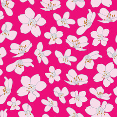Vector vintage style artwork hand drawn light pink cherry blossom seamless pattern on bright pink background.