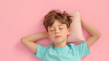 a young man sleeping on pillow isolated on pastel pink  colored background. boy sleep deeply...