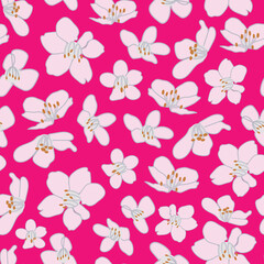 Vector vintage style artwork hand drawn light pink cherry blossom seamless pattern on bright pink background.