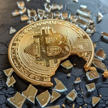 A conceptual image of a broken Bitcoin coin, representing volatility and fragility in the world of digital currency.