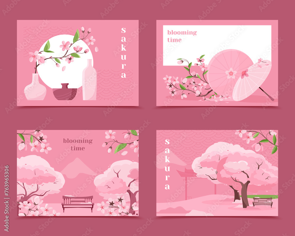 Sticker Hand drawn sakura tree card set