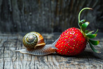 side view of a snail on a strawberry on a rustic wooden surface - Powered by Adobe