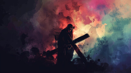 Easter crucifixion scene with silhouettes of the cross of Jesus Christ. Watercolor. Dark colours. Generative AI - obrazy, fototapety, plakaty