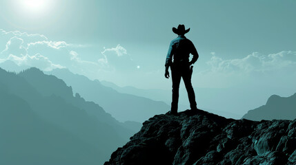 A man in a cowboy hat stands on a mountain top