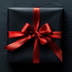 Top-View Minimalist Black Gift Box with Red Bow on Dark Grey Background

