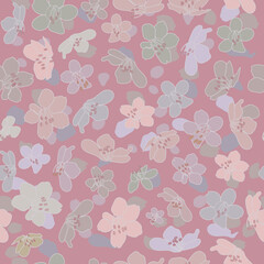Fototapeta na wymiar Vector vintage style artwork hand drawn pastel coloured cherry blossom seamless pattern on pink background.