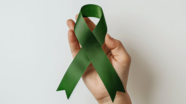 green ribbon symbol of fight against disease. World lymphoma awareness day. September 15. Liver, Gallbladders bile duct, kidney Cancer and Lymphoma Awareness month or Celiac disease awareness.