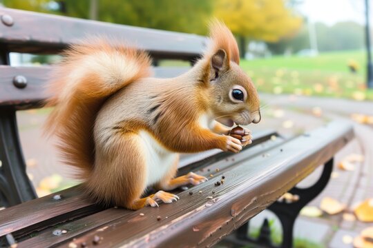 red squirrel nibbling on acorn on park bench