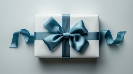Top-View Minimalist White Gift Box with Blue Bow on Soft White Background

