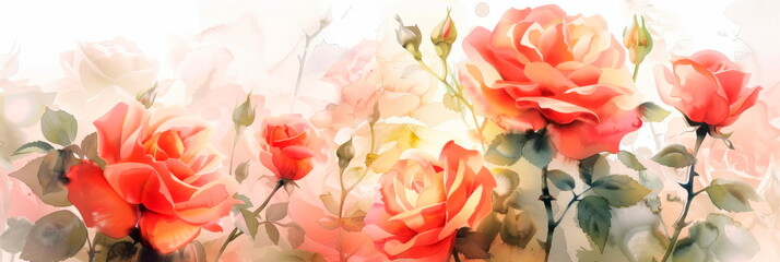 Exquisite watercolor background adorned with vibrant roses in full bloom, perfect for romantic .Generative AI