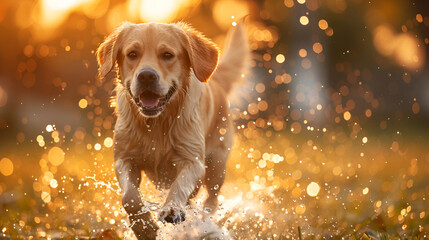 Golden retriever splashing through water with glistening droplets in the sunset's glow.