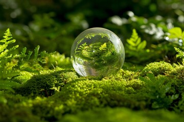 Glass ball with green moss in the forest,  Concept of environmental conservation