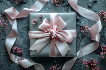 Top-View Minimalist Silver Gift Box with Pink Bow on Silver Background  