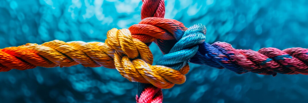 Abstract illustration of intertwined ropes in different colors, representing the integration of diverse strengths and backgrounds in a unified team. Generative AI
