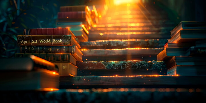 books stacked to form the shape of a staircase, with the inscription "April 23 World Book Day" ascending along the steps, symbolizing the journey of learning and discovery. Generative AI