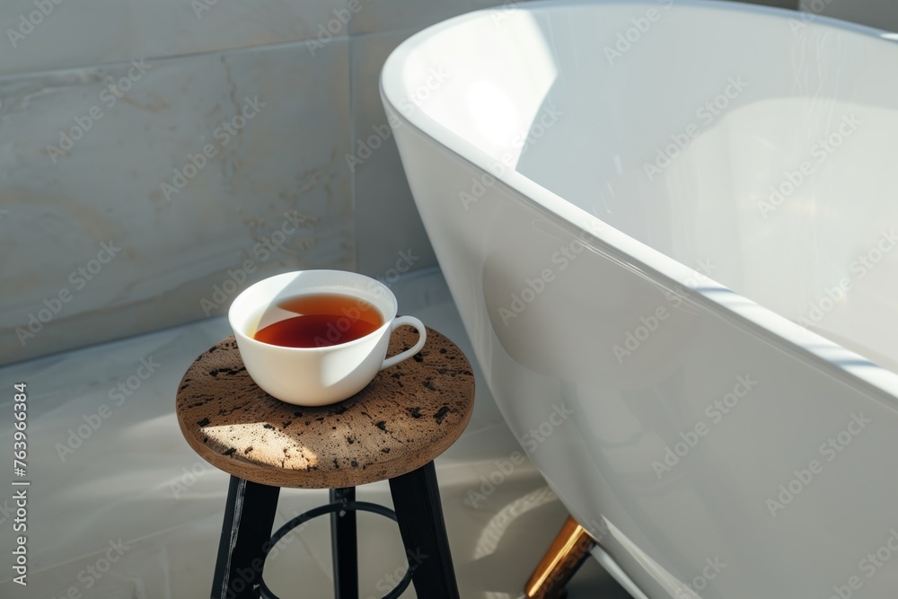 Canvas Prints cup of tea on a small stool next to a freestanding tub