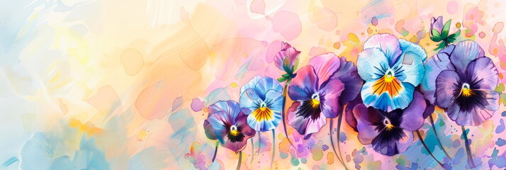 Fototapeta na wymiar Charming watercolor of pansies against a pastel background, adding a pop of color. Generative AI