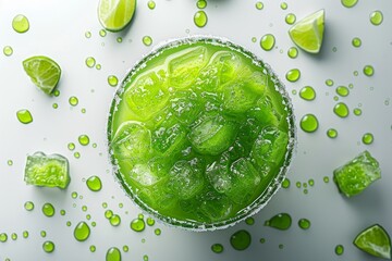 Top-View Minimalist Lime Green Margarita in Salt-Rimmed Glass

