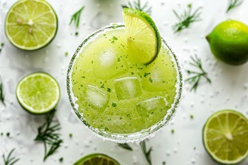 Top-View Minimalist Lime Green Margarita in Salt-Rimmed Glass

