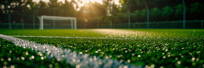 perfectly trimmed grass on the soccer field, highlighting its smooth texture and uniformity....