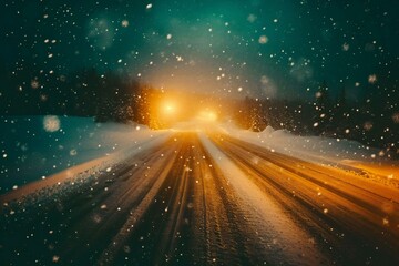 Winter road with snow and falling snowflakes,  Christmas background - obrazy, fototapety, plakaty