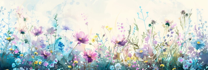 Dreamy watercolor backdrop with whimsical wildflowers, creating a sense of enchantment . Generative AI