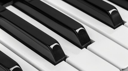 Monochrome close up of black and white piano keyboard, musical instrument keys in grayscale