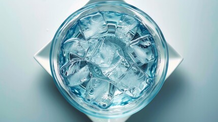 Top-View Minimalist Light Blue Water Glass with Ice on Diamond Dish


