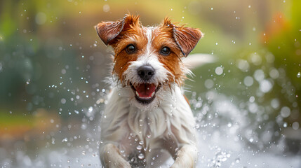 A spirited Jack Russell Terrier leaps through water, splashes surround it in a dynamic display.