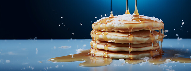 Banner with delicious pancakes with honey and powdered sugar. Healthy breakfast concept with copy space - 763967104