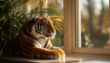 tiger in the window - obrazy, fototapety, plakaty
