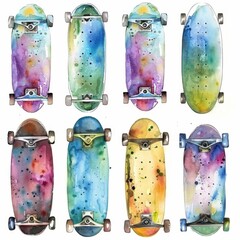  KS Set of watercolor skateboards on white background
