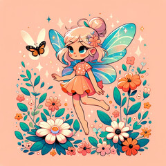 illustration of a cartoon girl fairy, floating among flowers, with sparkly wings, a tiny butterfly perched on her hand