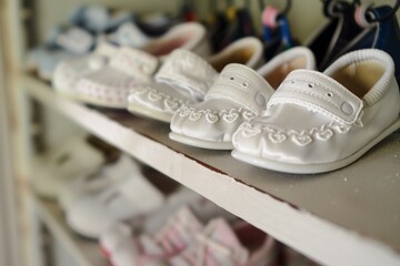 rows of baby shoes lined up on a closet shelf