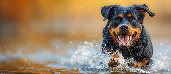A determined Rottweiler charges through the water, eyes gleaming with focus and excitement. Copy space, banner