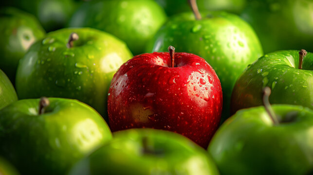 A red apple stands out among green apples, symbolizing the idea of standing apart from your competition or being different in business