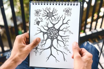 person holding a notepad with doodled neurons and synapses