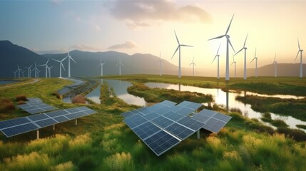 Solar panels and wind turbines dominate the lush landscape against a backdrop of mountains and a setting sun, reflecting a commitment to green energy solutions.